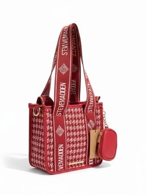 Steve Madden Red Houndstooth Tote with Logo Adjustable Strap and Pouch